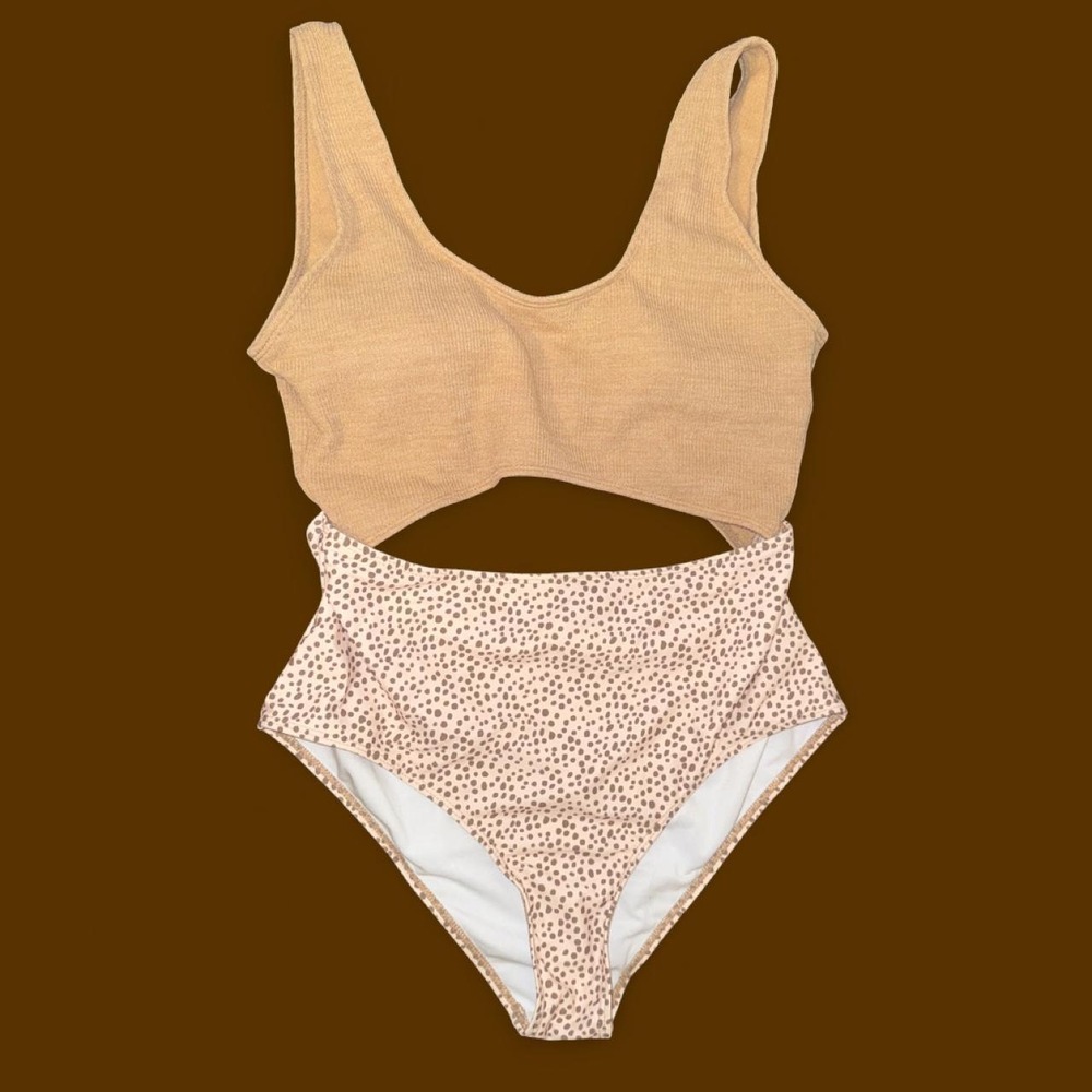 Women's Cutout One Piece Swimsuit XL Neutral Textured Colorblock Animal Print